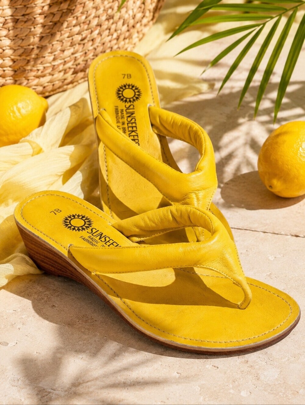 Sunseekers Yellow Leather Wood Heel Sandals 7B Made In Brazil Vibrant Summer